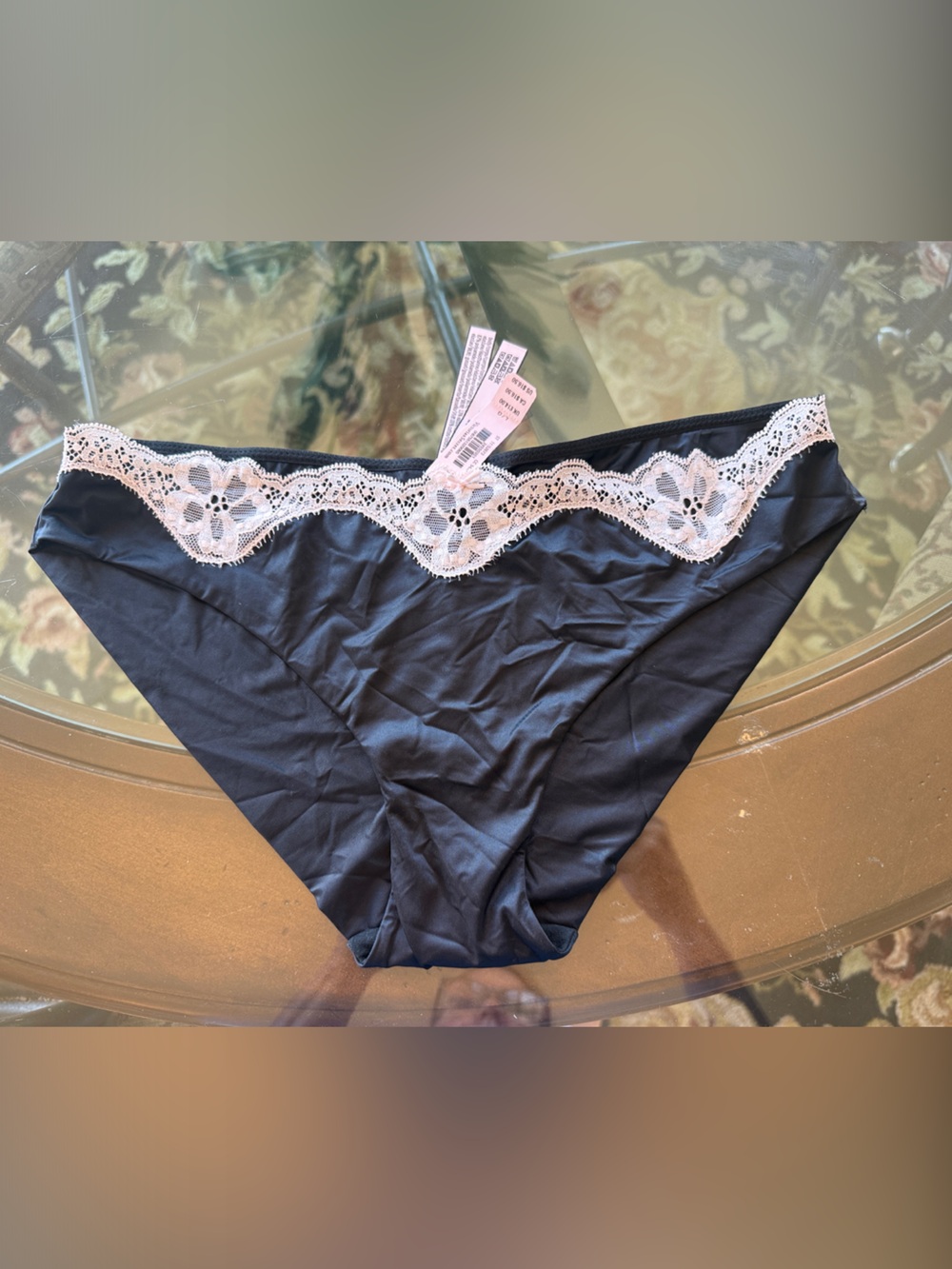 Victoria's Secret Black Bikini Panty with White Floral Lace Trim